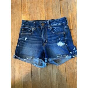 American‎ Eagle Denim Shorts Distressed Rips Cuffed Hem Dark Wash size 2